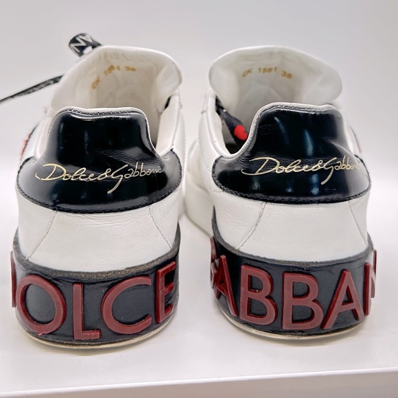 Dolce & Gabbana White Leather Portofino Gold RedHeart Low Top Sneakers Size 38 - Picture 11 of 13